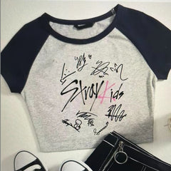 Trendy Girls Kpop Cropped Color Block T-shirt