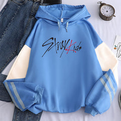 Stylish Kpop Letter Color Block Striped Hoodie