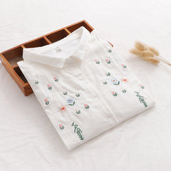 Flowers Embroidery Loose Ladies Cardigan Shirt