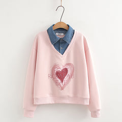 Fashionable Denim Collar Fake Two-piece Sweatshirt