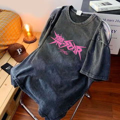 Casual Kpop Logo Print Washed T-shirt