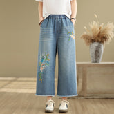 Women's Floral Embroidered Elastic Waist Jeans