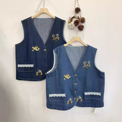 Women's Denim Loose Embroidery Vest