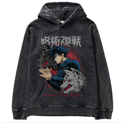 Unisex Anime Pattern Washed Black Hoodie