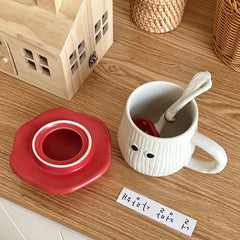 Cute Red Mushroom Ceramic Mug with Lid and Spoon