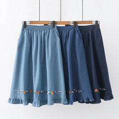 Floral Embroidered Elastic Waist Hem Loose Skirt