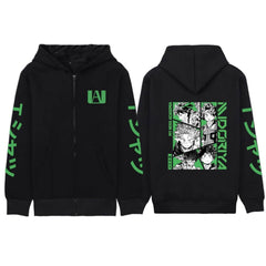 Unisex Anime Letter Printed Zipper Black Hoodie