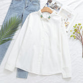 Women's Fresh Long Sleeve Embroidered Collar White Shirt
