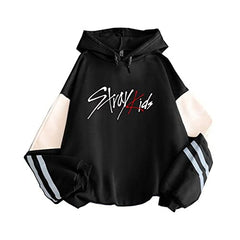 Stylish Kpop Letter Color Block Striped Hoodie