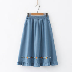 Floral Embroidered Elastic Waist Hem Loose Skirt