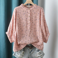 Stand-up Collar Cotton Yarn Floral Shirt
