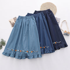Floral Embroidered Elastic Waist Hem Loose Skirt