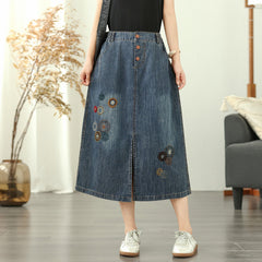 Floral Embroidered Elastic Waist Button Denim Skirt