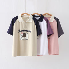 Japanese Style Women's Cartoon Elephant Printed Patchwork T-shirt