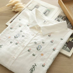 Women's Flower Embroidery White Loose Shirt