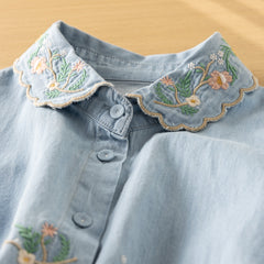 Women's Floral Embroidered Lapel Denim Shirt
