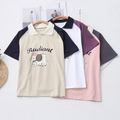 Japanese Style Women's Cartoon Elephant Printed Patchwork T-shirt