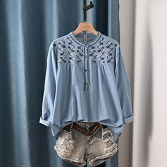 Japanese Style Washed Denim Embroidery Shirt