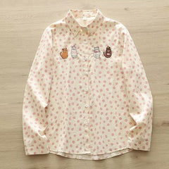 Women's Cartoon Cat Embroidered Polka Dots Shirt