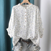 Stand-up Collar Cotton Yarn Floral Shirt