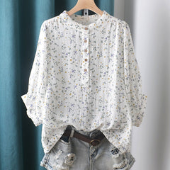 Stand-up Collar Cotton Yarn Floral Shirt