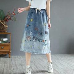 Retro Lace-up Garden Embroidered Denim Skirt