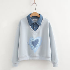 Fashionable Denim Collar Fake Two-piece Sweatshirt