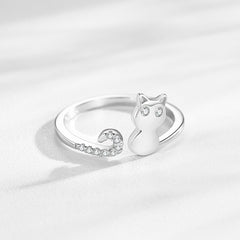 Sweet Cute Silver Cat Adjustable Ring