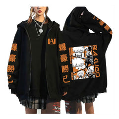 Unisex Anime Letter Printed Zipper Black Hoodie