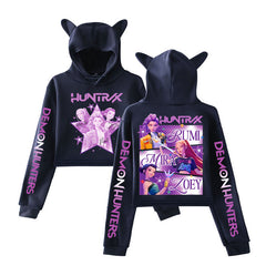 Trendy KPDH Print Cat Ears Crop Hoodie