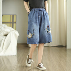 Elastic Waist Cat Embroidered Loose Shorts