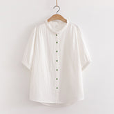 Women's Stand-up Collar Green Button Cotton Yarn Shirt