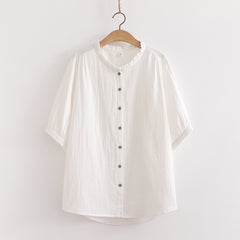 Women's Stand-up Collar Green Button Cotton Yarn Shirt