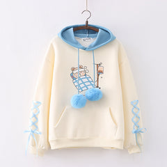 Japanese Style Cartoon Bear Print Lace Up Thickened Hoodie