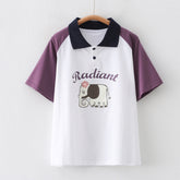Japanese Style Women's Cartoon Elephant Printed Patchwork T-shirt