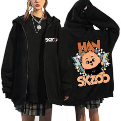 SKZ Pattern Printed Zip-up Black Hoodie
