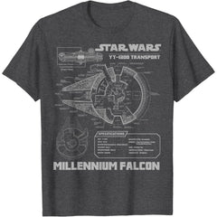 Millennium Falcon Grey Schematics Graphic T-Shirt