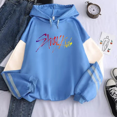 Stylish Kpop Letter Color Block Striped Hoodie