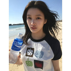 IROHA Same Color Block Apple Printed T-shirt