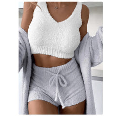 Women's Plush Casual Tank Top Cardigan Shorts 3 Piece Pajamas