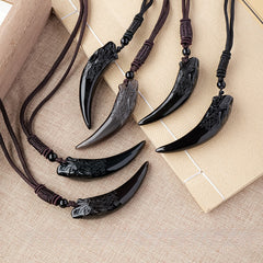 Obsidian Wolf Head Pendant Necklace