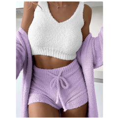 Women's Plush Casual Tank Top Cardigan Shorts 3 Piece Pajamas