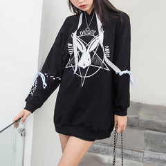 Korean Style Bunny Print Mid-length Straps Hoodie