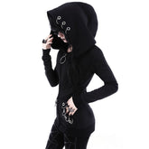 Chic Gothic Loose Iron Ring Zipper Black Hoodie