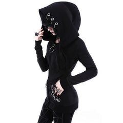 Chic Gothic Loose Iron Ring Zipper Black Hoodie