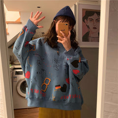 Versatile Women's Graffiti Round Neck Loose Pullover Sweatshirt
