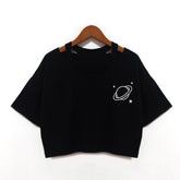 V-neck Hollowed Out Planet Printed Short Sleeve T-shirt