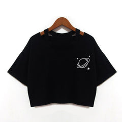 V-neck Hollowed Out Planet Printed Short Sleeve T-shirt