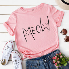 Kwaaii Women's Cat Meow Cotton Short Sleeved T-shirt