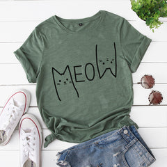 Kwaaii Women's Cat Meow Cotton Short Sleeved T-shirt